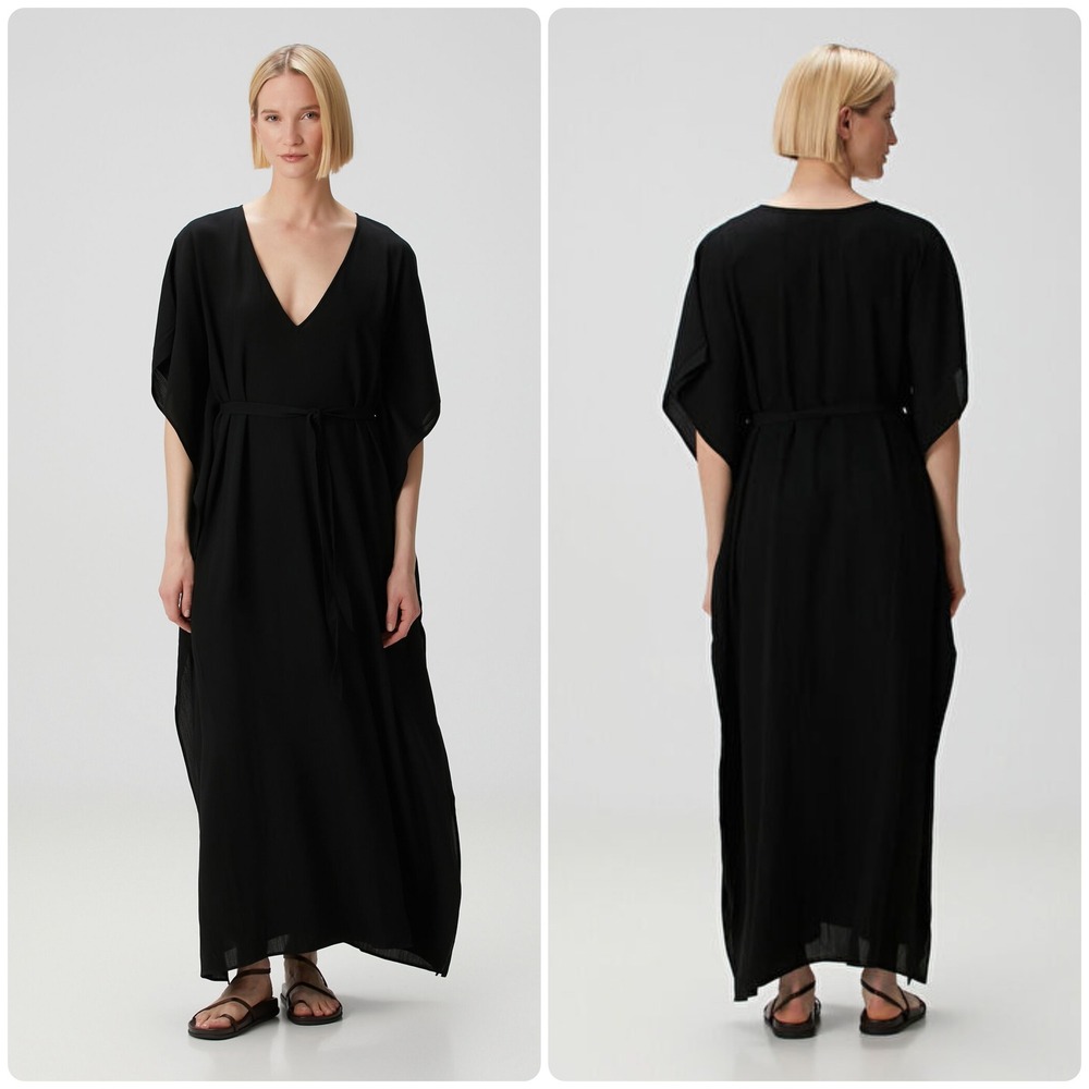 WARDROBE.NYC Womens Black Virgin Wool Blend V Neck Minimalist Kaftan Dress M